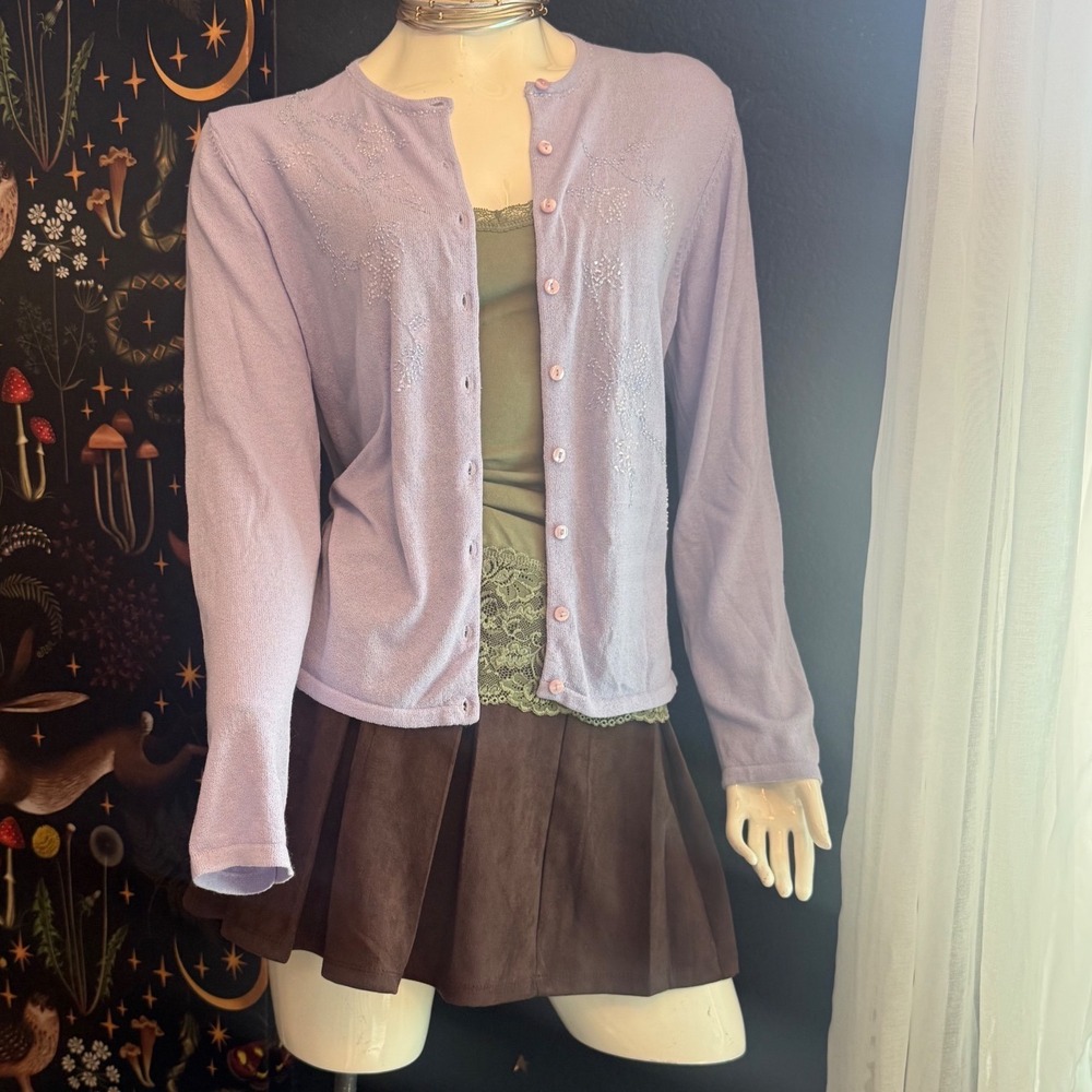 NY&CO Lavender Purple Beaded Floral Cardigan Sweater XL Long Sleeve Knit